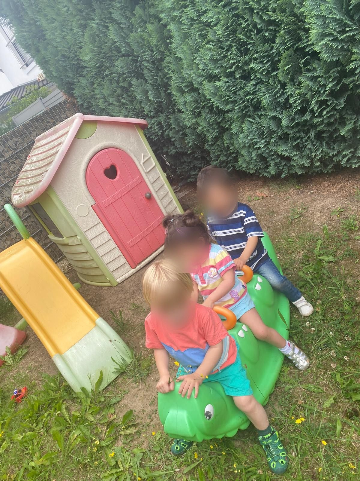 Gemeinsam auf dem Schaukeltier im Garten